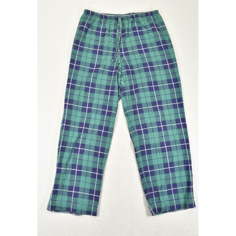 LL Bean Flannel Sleep Pants Plaid Womens M Reg Green Blue Pajama Bottoms Cotton